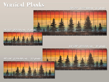 Wooden Forest Wall Art – Colorful Sunset Pine Tree Print on Natural Wood Planks