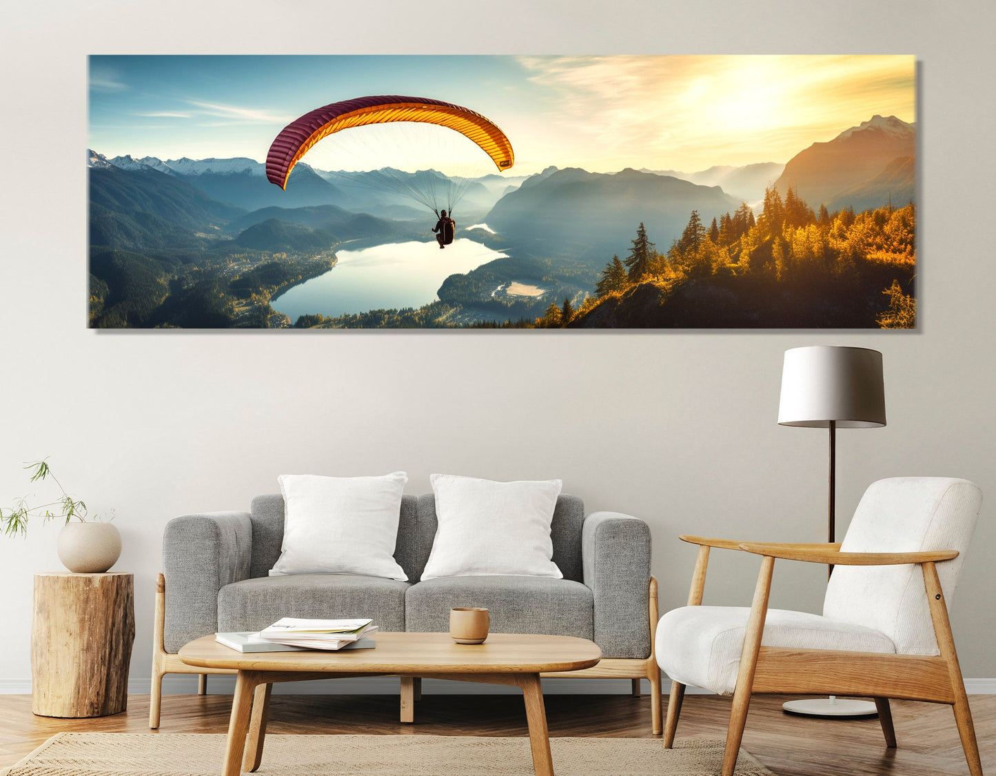 Skydiving Wall Art – Parachute Canvas Print Over Lake Panorama | Ready to Hang Decor