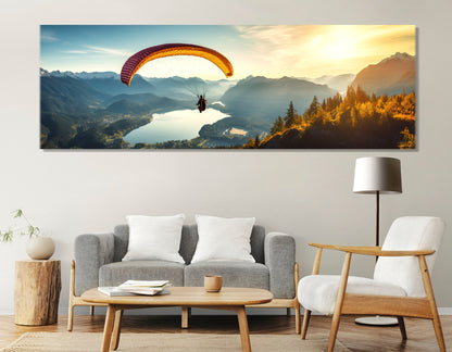 Skydiving Wall Art – Parachute Canvas Print Over Lake Panorama | Ready to Hang Decor