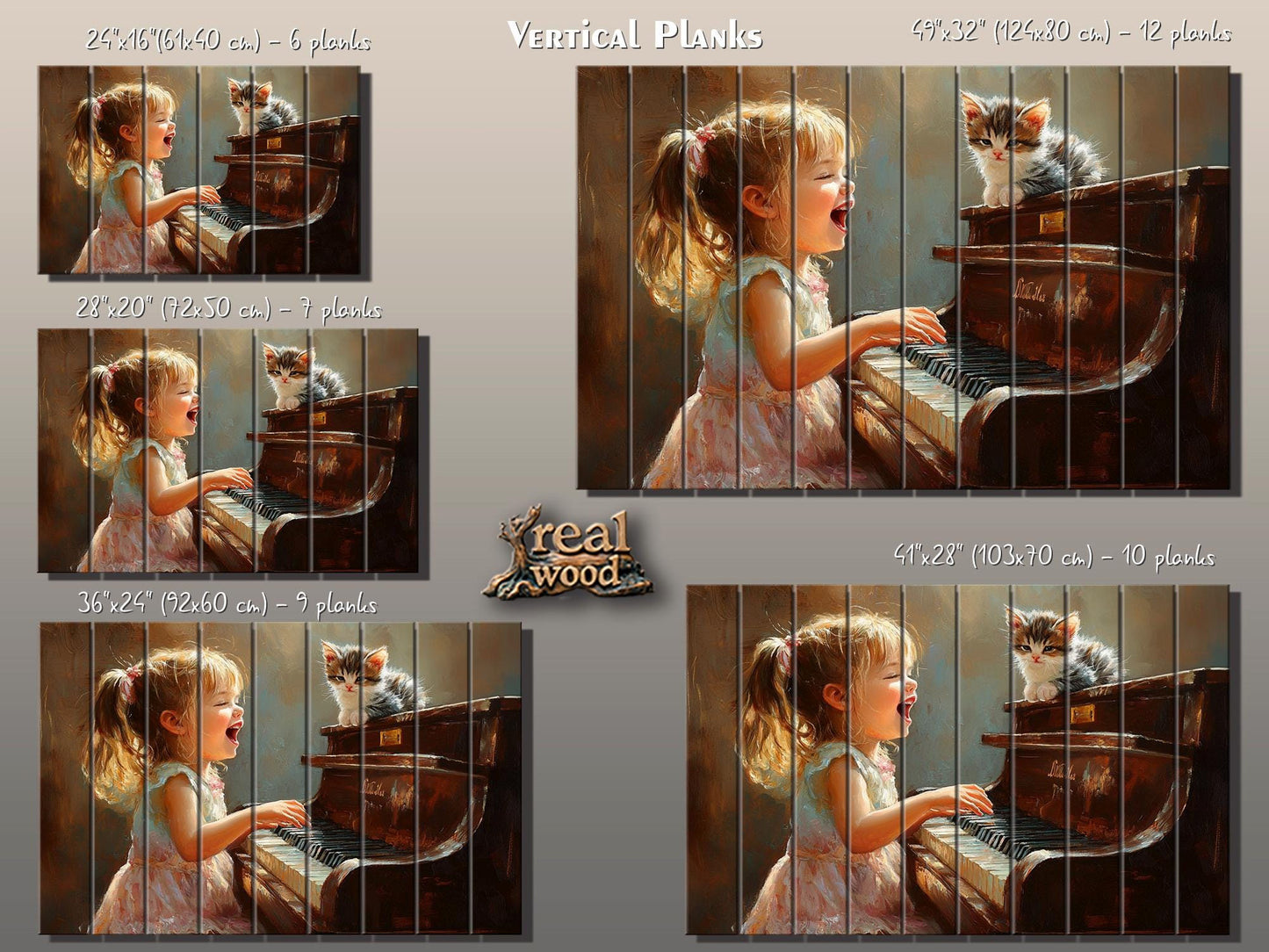 Wooden Piano Wall Art – Happy Girl Playing Piano Print on Natural Wood Plank