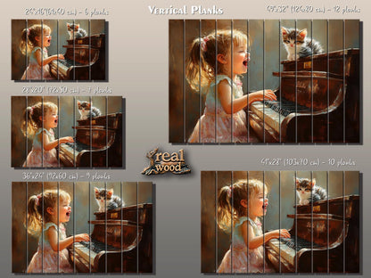 Wooden Piano Wall Art – Happy Girl Playing Piano Print on Natural Wood Plank