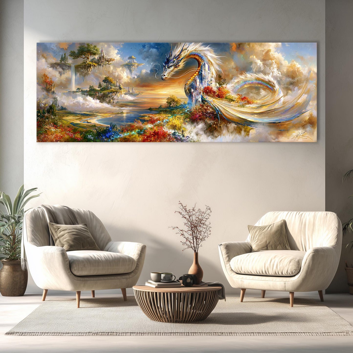 a large, colorful painting of a dragon-like creature with a flowing, ethereal tail, set against a landscape with a castle, trees, and a body of water. The painting is displayed on a wall above a seating area with two white armchairs and a coffee table.