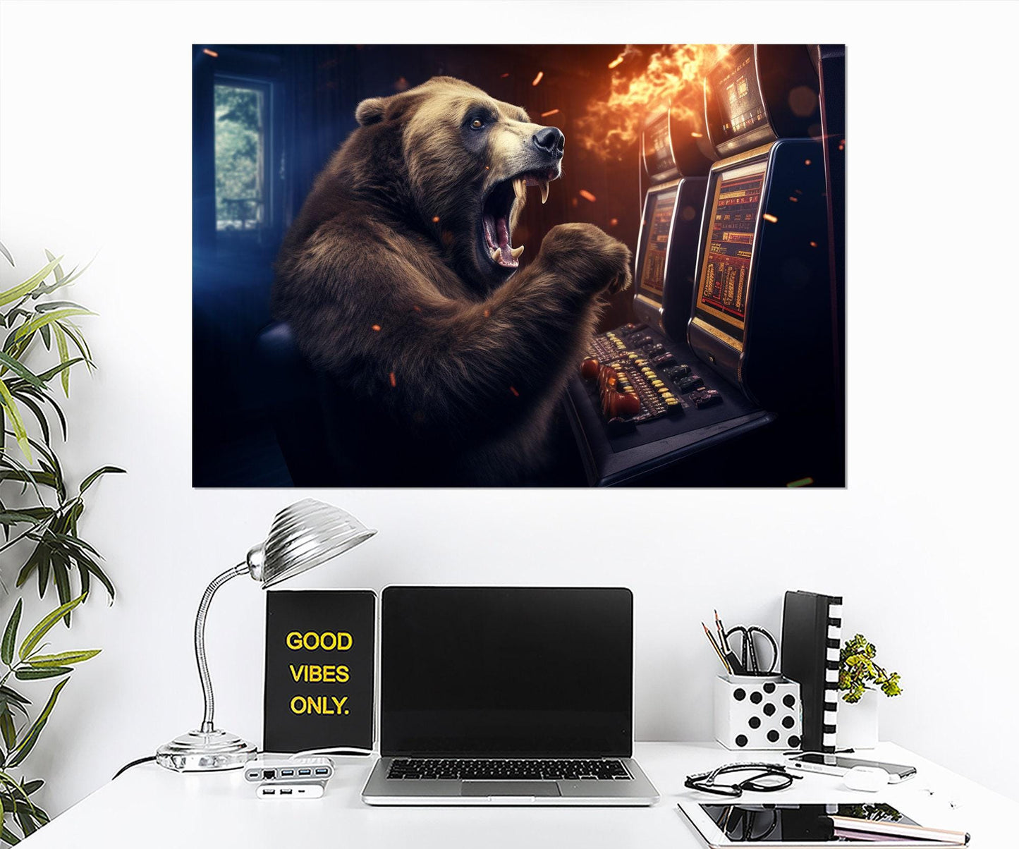 Casino Wall Art – Funny Bear Playing Slot Machines Framed Canvas Print