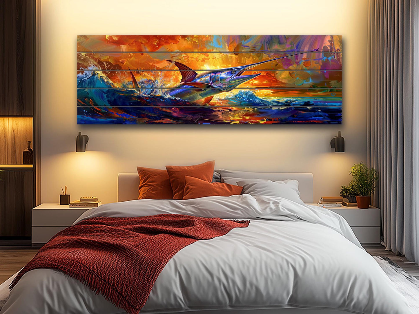 Fishing Wall Art – Colorful Marlin Print on Natural Wood Artwork with UV Fade Resistant Print