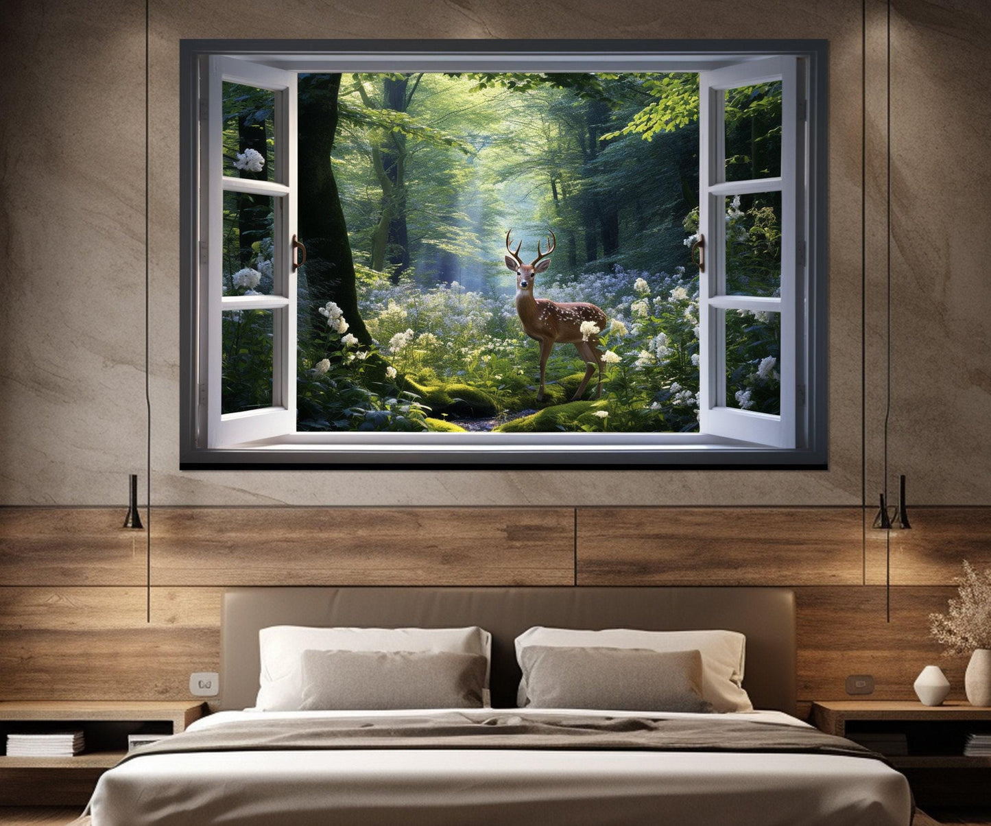 Forest Window Canvas – Faux Window Art With Deer, Spring Wall Decor Ready to Hang