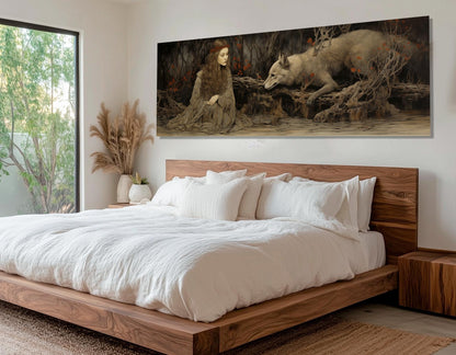 Woman and Wolf Painting Canvas Print, Fantasy Wall Art, Abstract Wolf Canvas Art, Lady and Wolf Poster, Framed and Ready to Hang