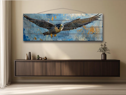 Peregrine Falcon Wall Art – Rustic Wood Decor | Majestic Bird Print Panel