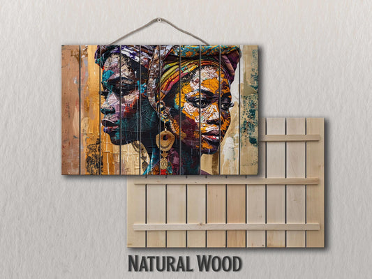 Rustic Wood Wall Art - African Women Painting Printed on Wood, Ethnic African Wall Art, Vintage African Wall Decor, Retro African Poster