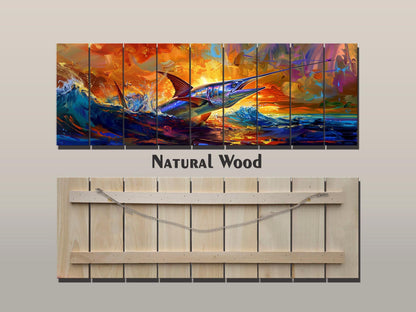 Fishing Wall Art – Colorful Marlin Print on Natural Wood Artwork with UV Fade Resistant Print