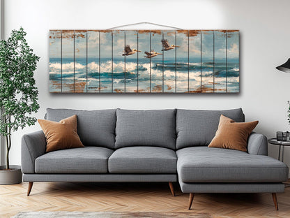 Pelicans Print Wood - Coastal Wall Art With Ocean Waves Painting & Sky Reflection