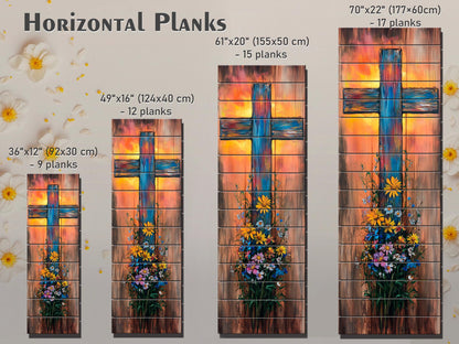 Rustic Cross with Wildflowers Painting Printed on Natural Wood – Christian Print on Wood, Religious Wall Art, Christian Wall Decor