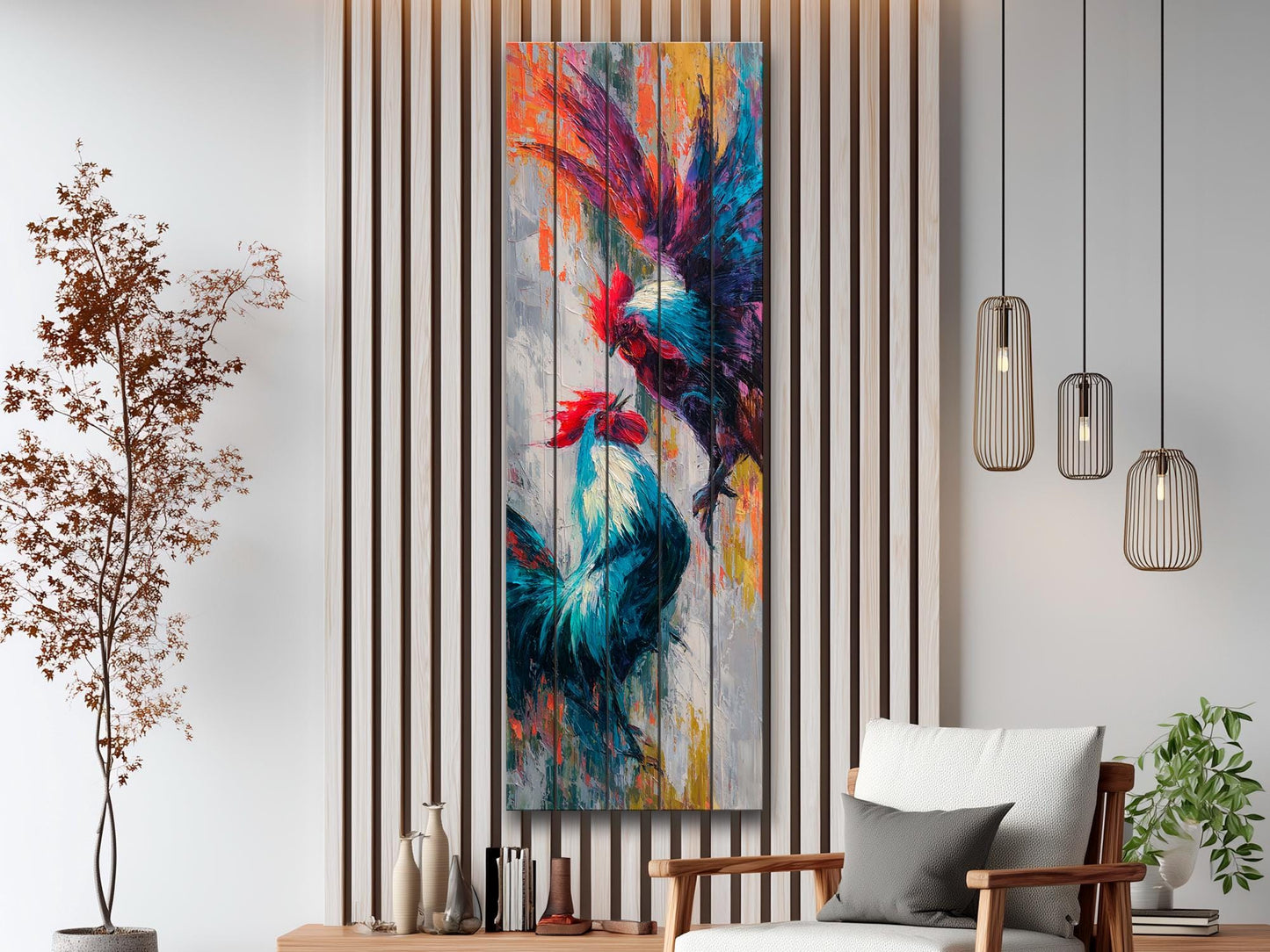 Cockfight Wall Art - Rustic Wood Decor | Vibrant Farm Scene & Bold Impasto Painting
