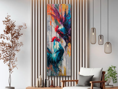 Cockfight Wall Art - Rustic Wood Decor | Vibrant Farm Scene & Bold Impasto Painting