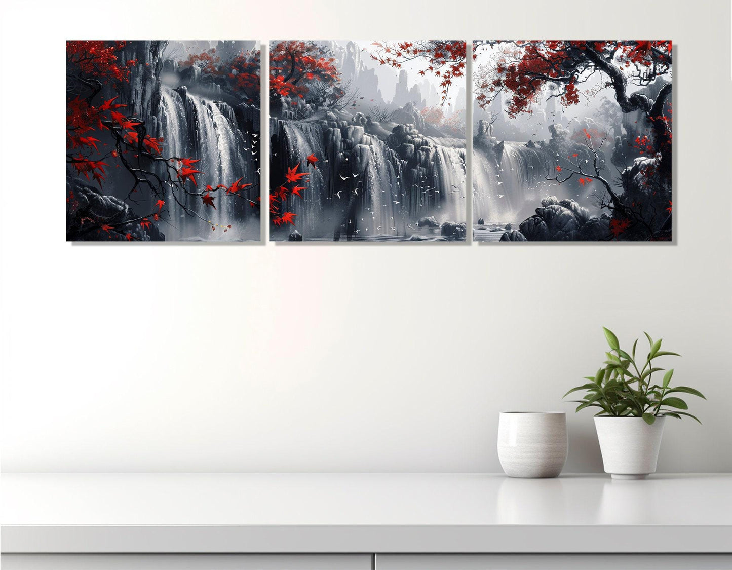Waterfall Canvas Print – Large Scenic Wall Art With Red Trees, Framed & Ready to Hang