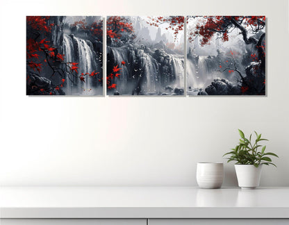 Waterfall Canvas Print – Large Scenic Wall Art With Red Trees, Framed & Ready to Hang
