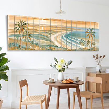 a dining area with a table set for two, featuring a vase of flowers, a plate of pastries, and two chairs. Above the table, there is a large painting depicting a beach scene with palm trees and a sunset.