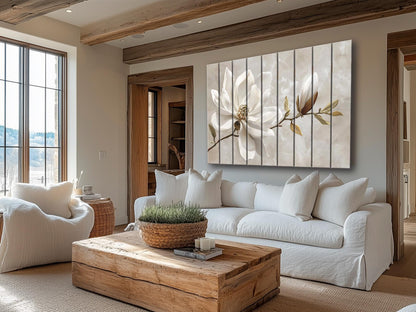 Wood Wall Art – Magnolia Flower Print | Natural Wood Decor, Modern Floral Painting