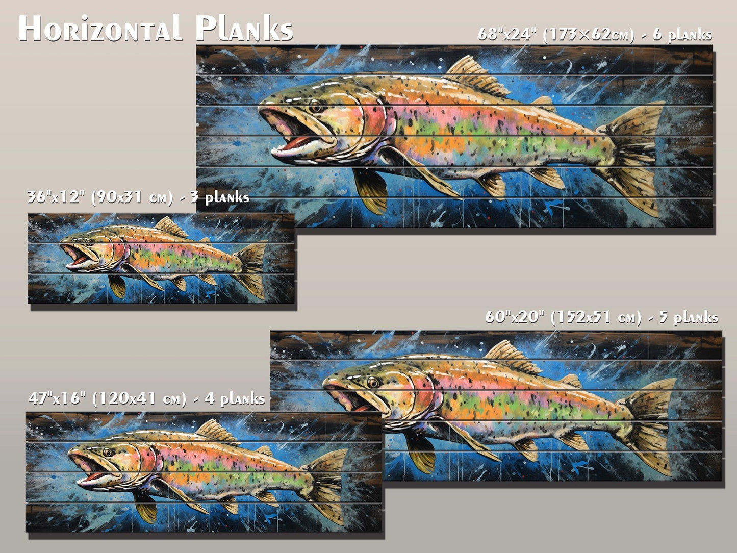 Rainbow Trout Wall Art - Rustic Wood Plank Painting | Fishing Lodge Decor