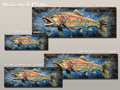 Rainbow Trout Wall Art - Rustic Wood Plank Painting | Fishing Lodge Decor