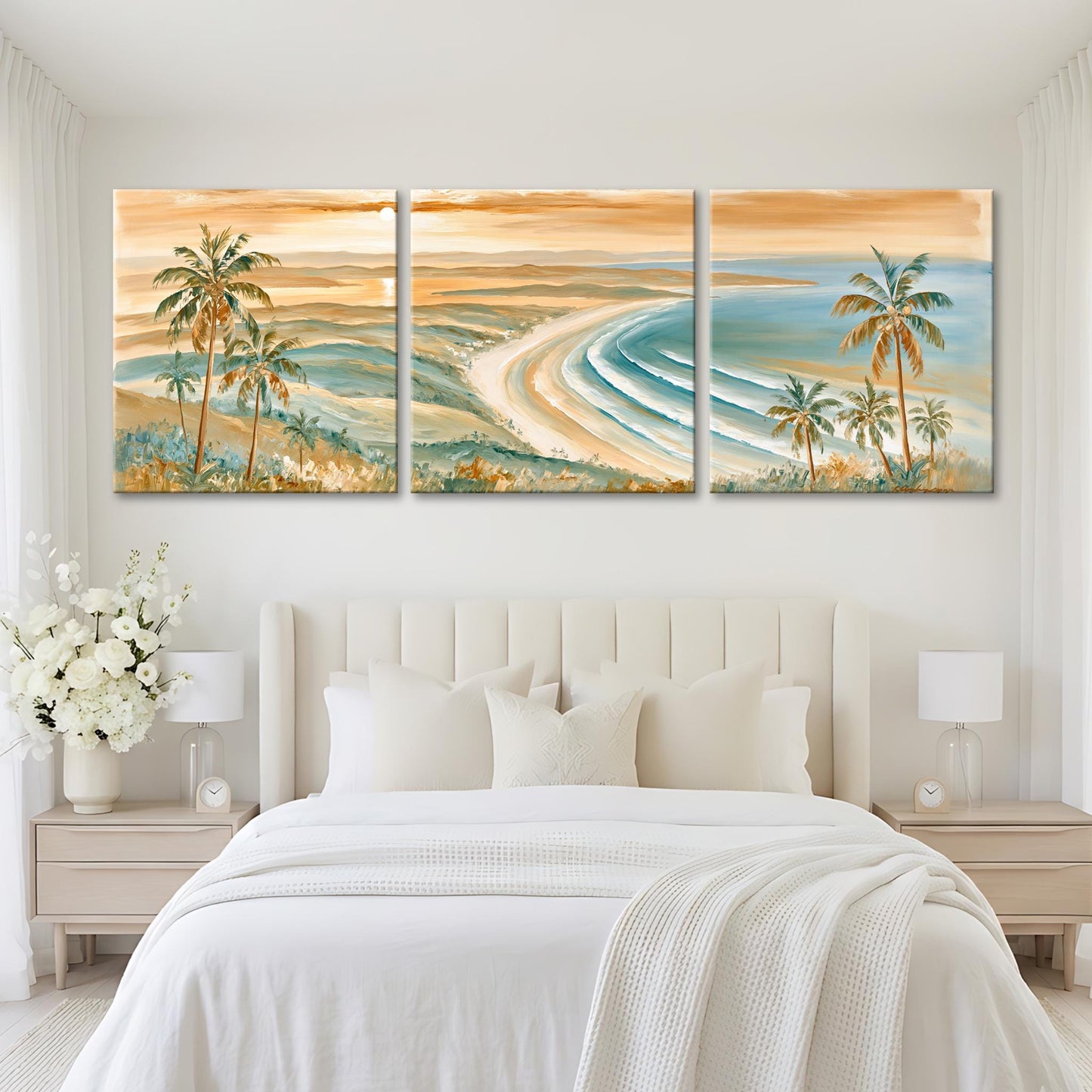 A large, three-panel painting depicting a serene beach scene with palm trees, a winding path, and a sunset over the ocean.
