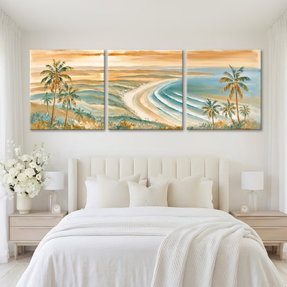 A large, three-panel painting depicting a serene beach scene with palm trees, a winding path, and a sunset over the ocean.