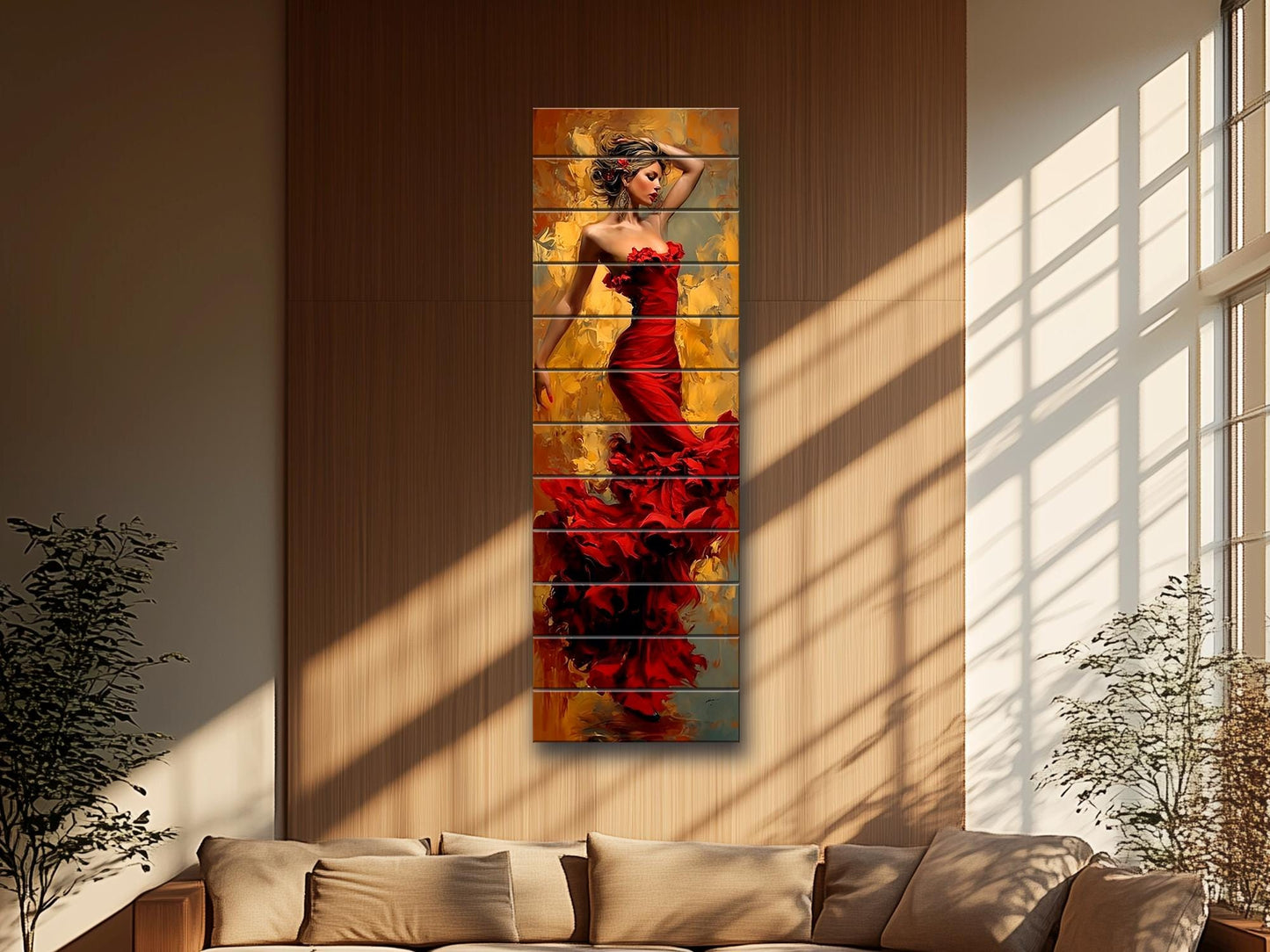 Elegant Woman in Red Dress Print on Wood – Lady in Red Oil Painting Style