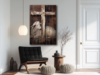 Religious Wall Art - Lamb And Cross Print | Natural Wood Decor - UV Printed Wood