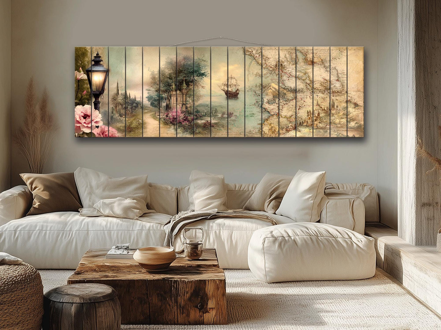 Golden Map Print – Rustic Wood Wall Art With Abstract Map Design On Pale Background