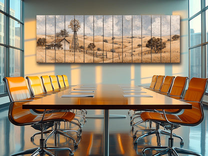 Rustic Farmhouse Wall Art - Wooden Windmill Panoramic Wood Print Decor