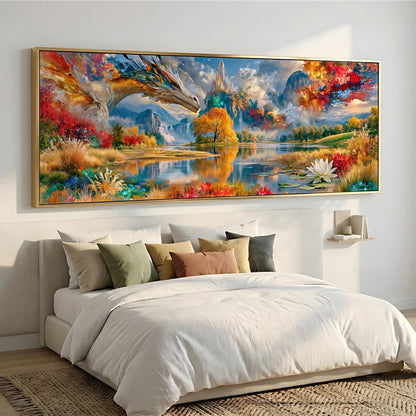 a large, colorful painting of a dragon and a landscape with mountains, flowers, and a lake. The painting is mounted on a wall above a bed with white bedding.