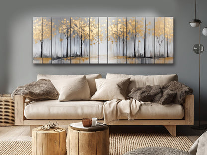 Winter Trees with Golden Leaves Print on Wood - Luxury Wall Art