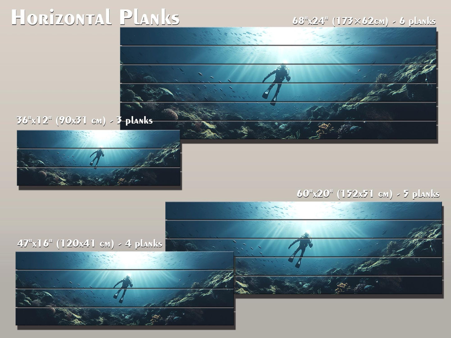 Ocean Wall Art – Natural Wood Print | Diving Art Print on Rustic Wood Planks