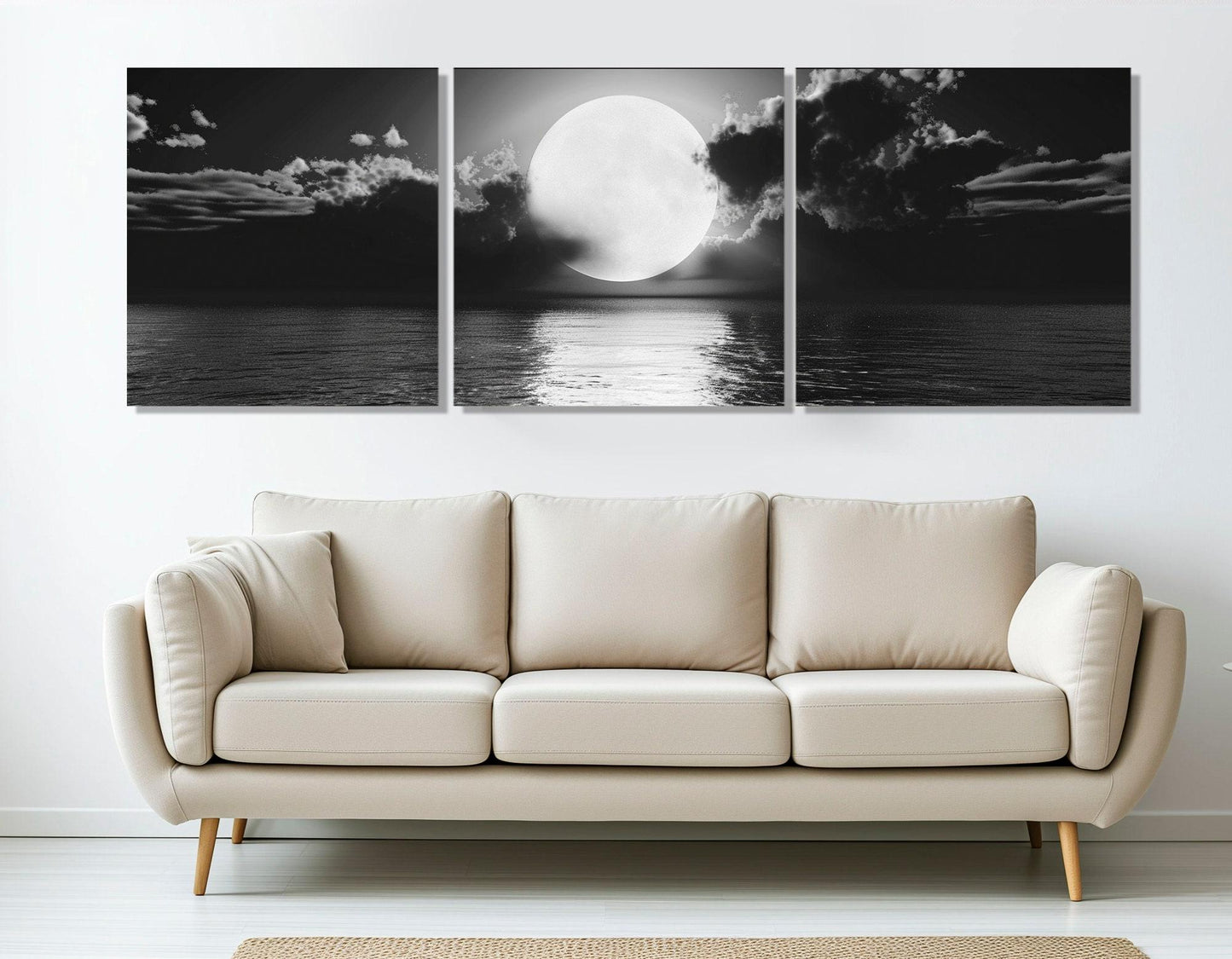 Moon Canvas Print – Scenic Moon Over Sea | Black And White Art | Ready To Hang