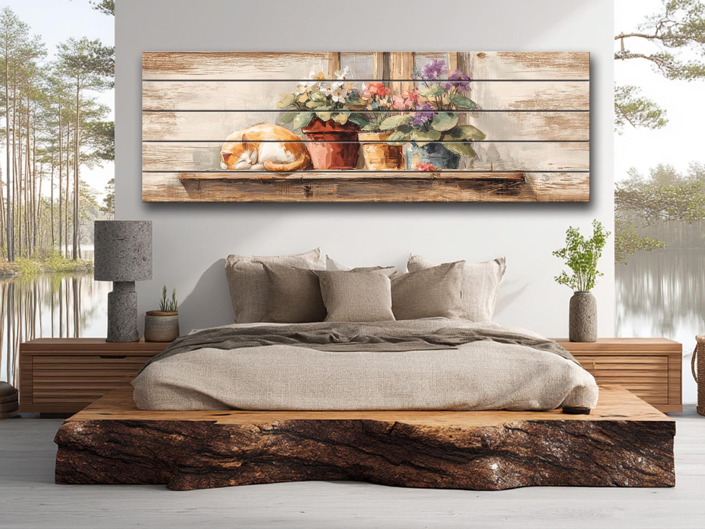 Farmhouse Wall Art - Cozy Sleeping Cat Print on Natural Wood Plank Artwork