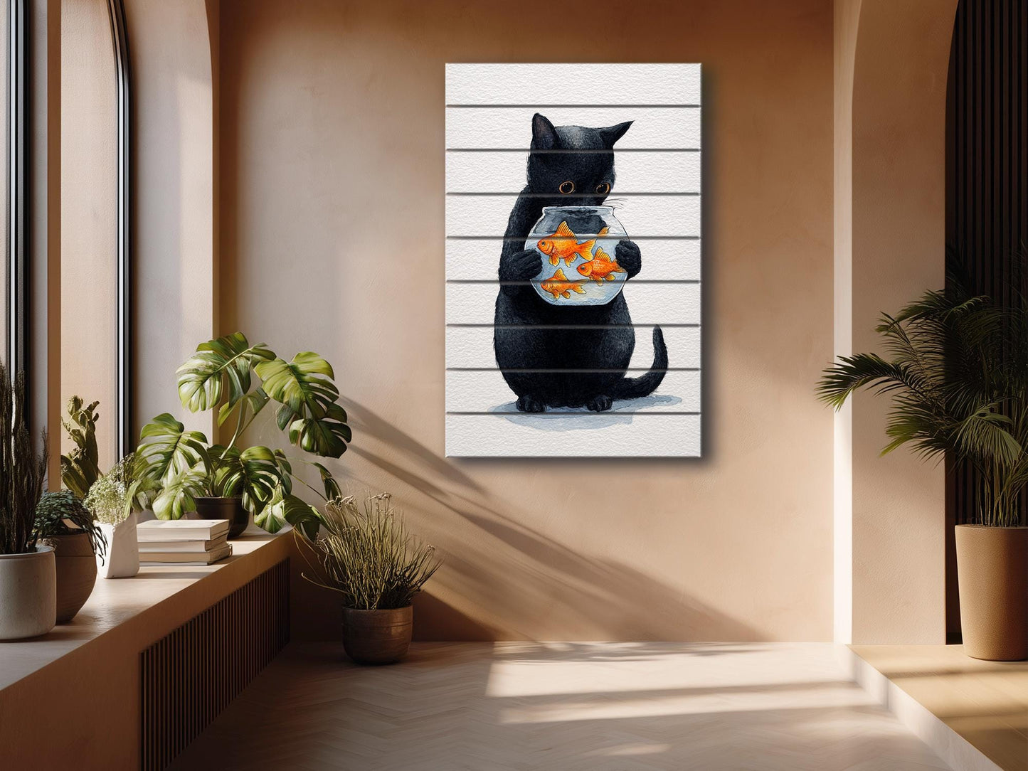 Black Cat Wall Art – Minimalist Wood Print on Natural Plank with Goldfish