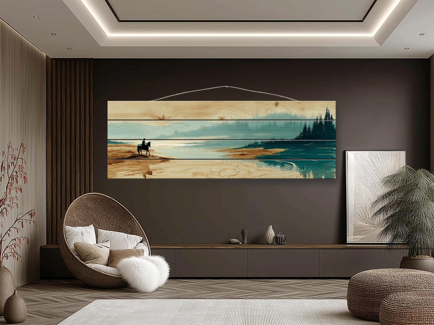 Horse River Wall Art – Rustic Cabin Wood Plank Artwork With Calm Water Landscape