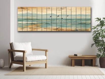 Coastal Wood Art – Pelican Wall Print on Natural Linden Wood, Rustic Beach Decoration