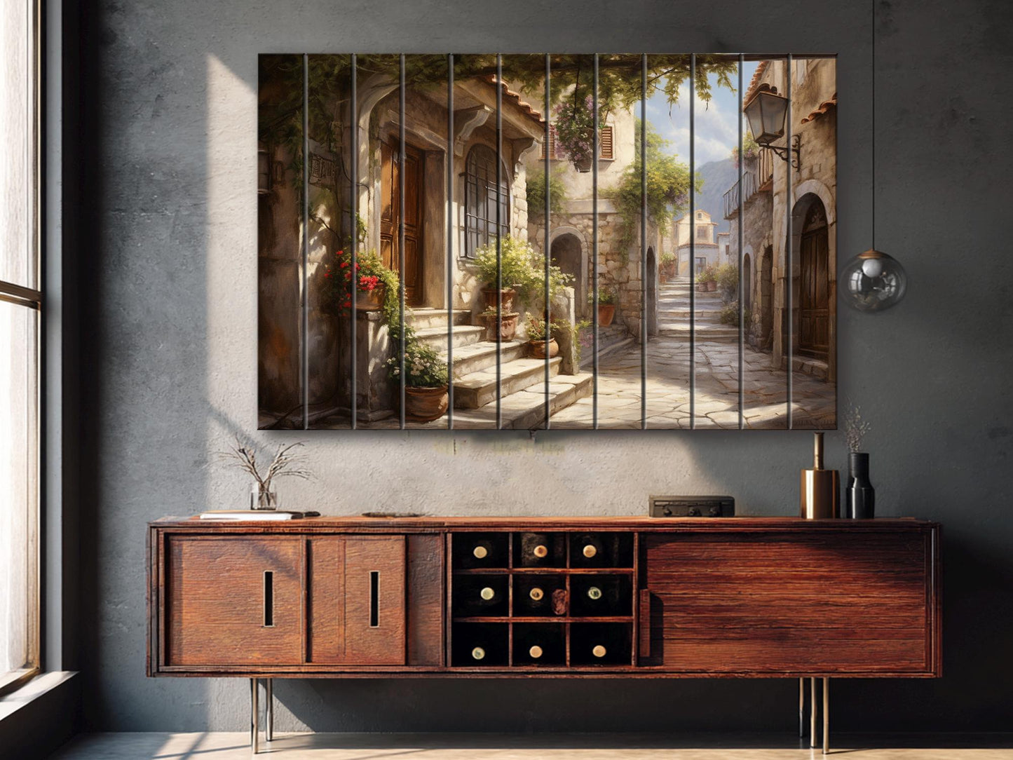 Italian Village Wall Art – Rustic Wood Plank Painting with Vibrant Italy Landscape Print