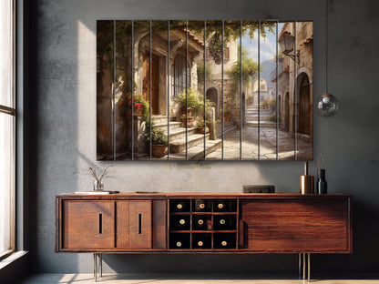 Italian Village Wall Art – Rustic Wood Plank Painting with Vibrant Italy Landscape Print