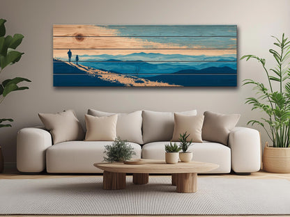 Mountain Ridge Hiking Print – Rustic Cabin Wall Art on Natural Wood Panels