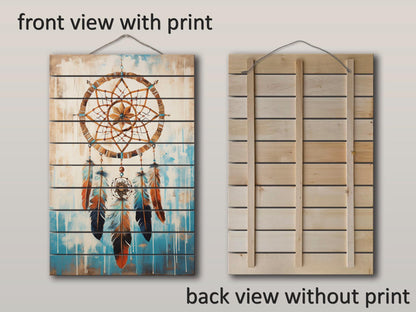 Dreamcatcher Wood Art – Native American Boho Wood Print on Natural Plank