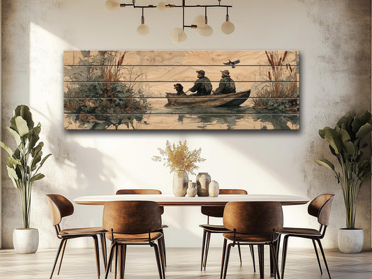 Vintage Duck Hunters Art – Rustic Cabin Decor Wooden Hunting Print on Wood Panel