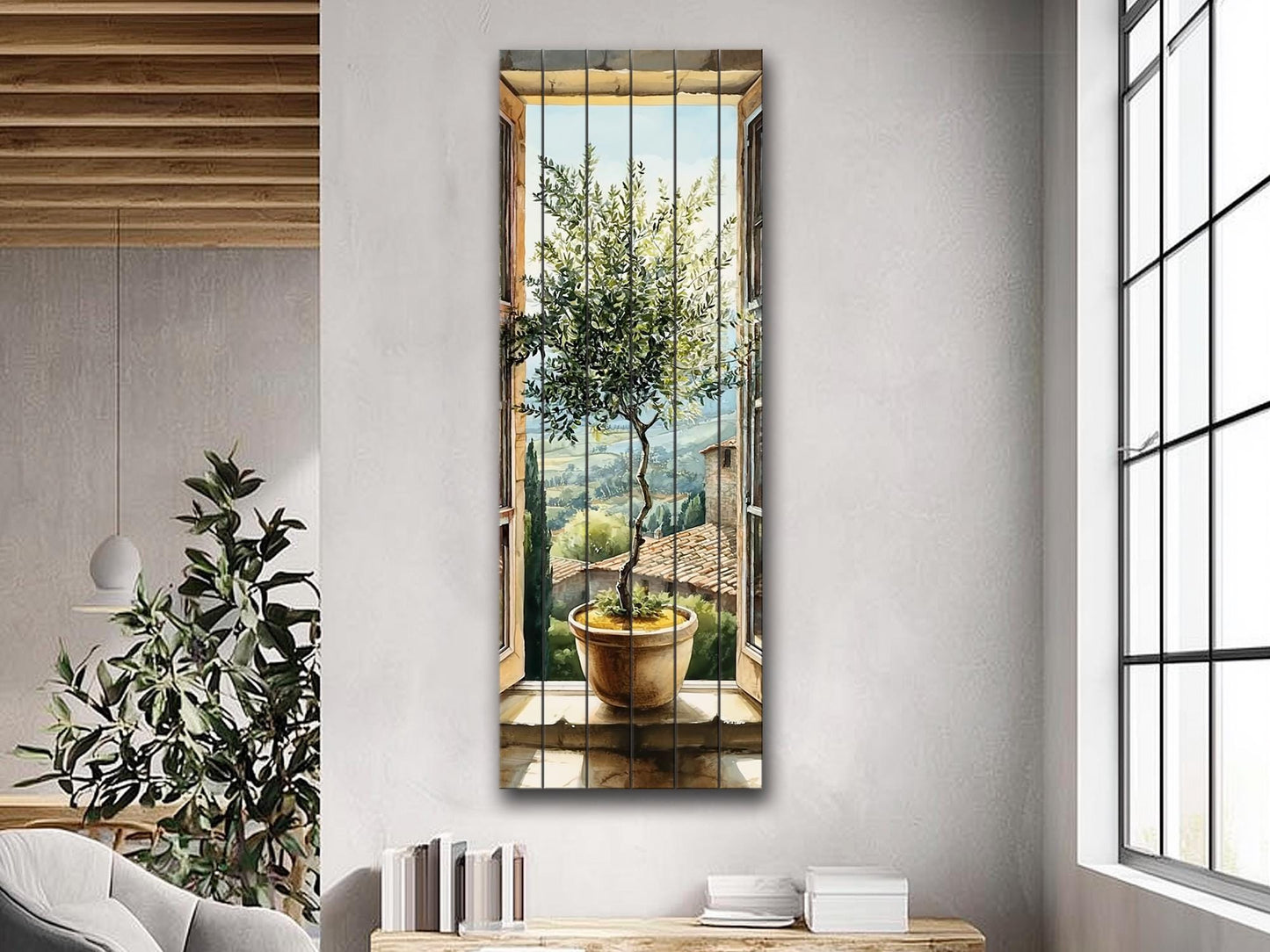 Window with Olive Tree Print on Wood, Tuscan Wall Art, Italian Watercolor Decor