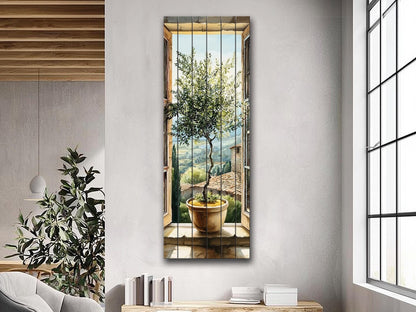 Window with Olive Tree Print on Wood, Tuscan Wall Art, Italian Watercolor Decor