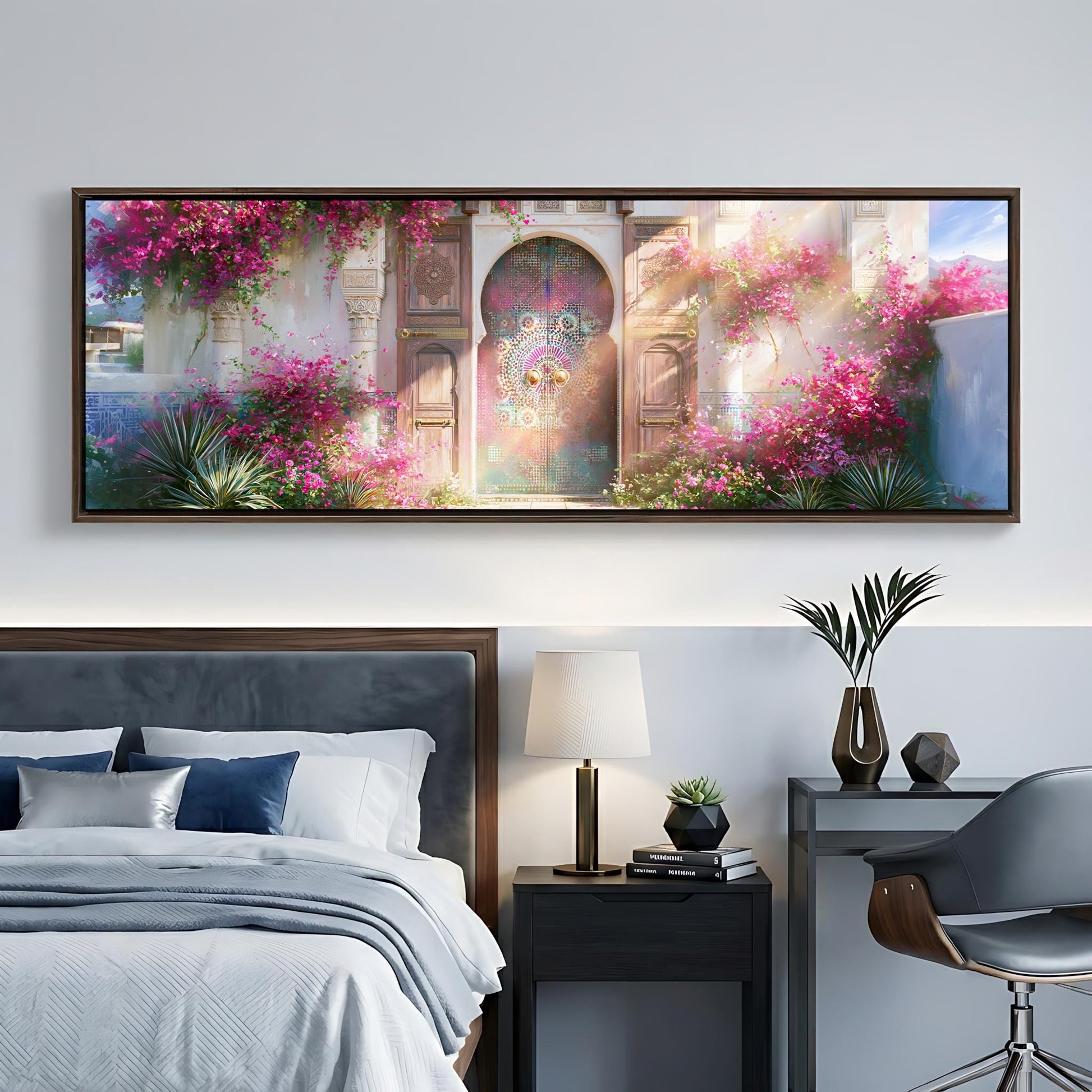 a large, colorful painting of a garden with a pink archway and flowers hanging from the archway, hanging on a wall above a bed with a gray headboard.