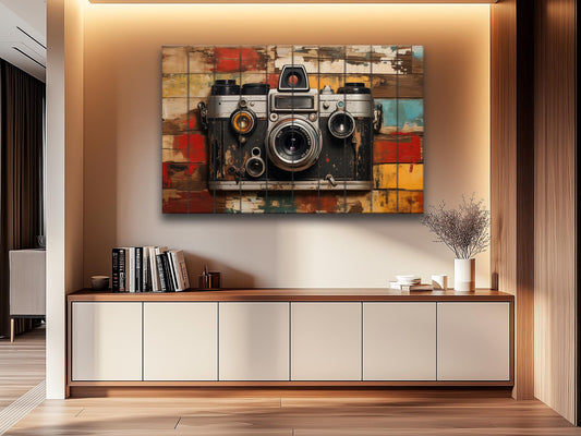 Retro Camera Artwork – Vintage Camera Decor on Aged Wood Print | Rustic Photography Art