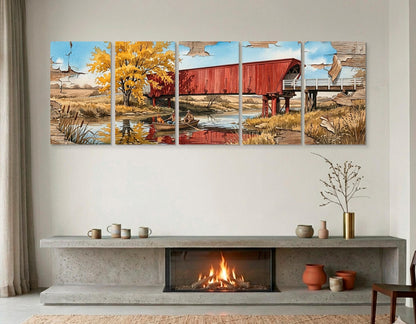 Roseman Bridge Canvas Print, Panoramic Covered Bridge Painting, Large River Wall Art, Framed and Ready to Hang
