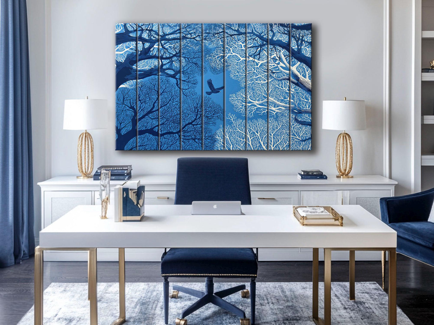 Linocut Wood Art – Enchanted Forest Sky Print | Vibrant UV Wood Decor