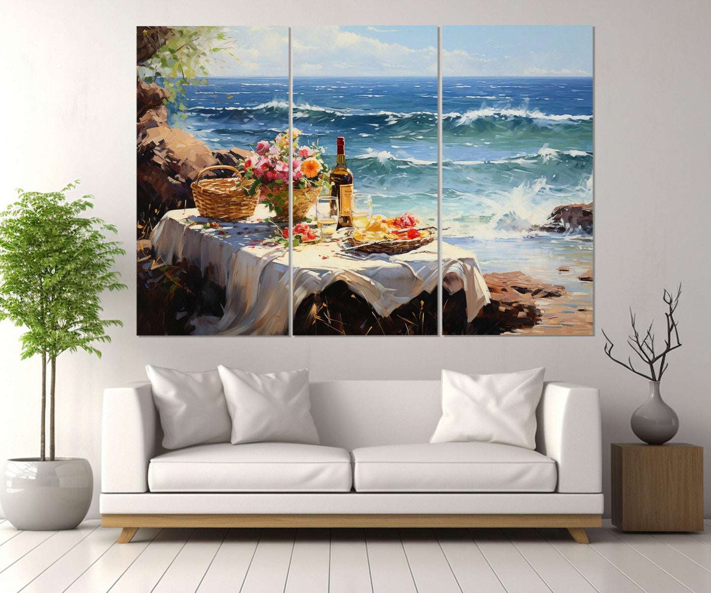 Impressionist Beach Painting – Romantic Wall Art | Framed Canvas Print Ready to Hang