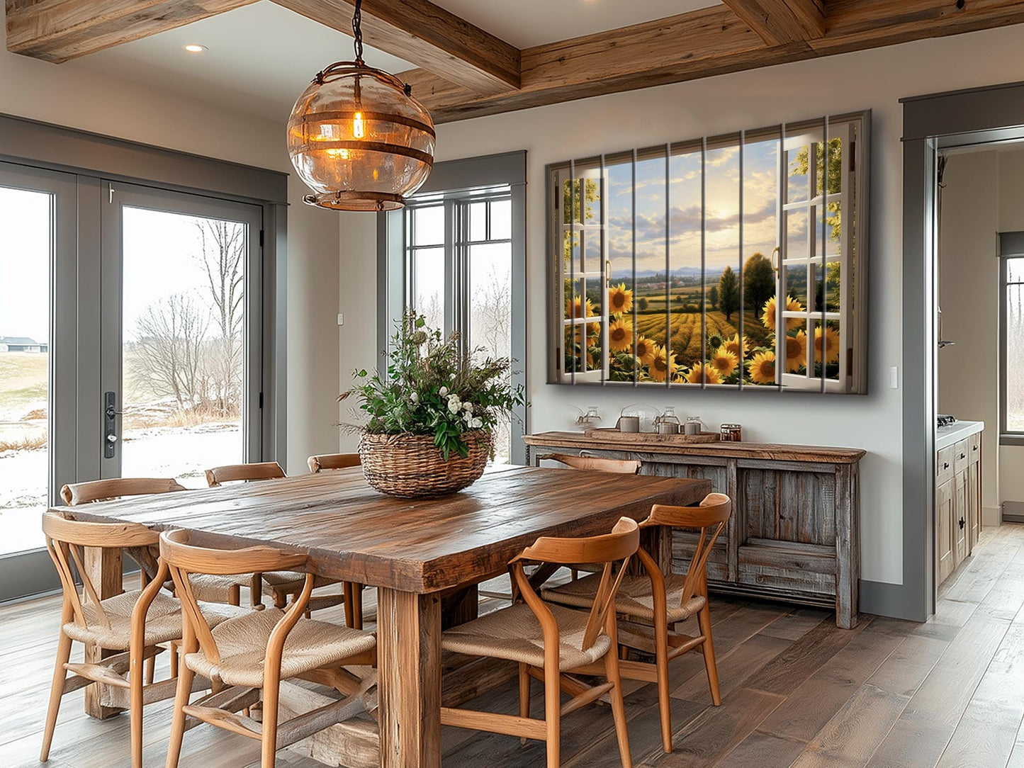 Rustic Wood Wall Art – Sunflowers Wall Art with Open Window Field View Print